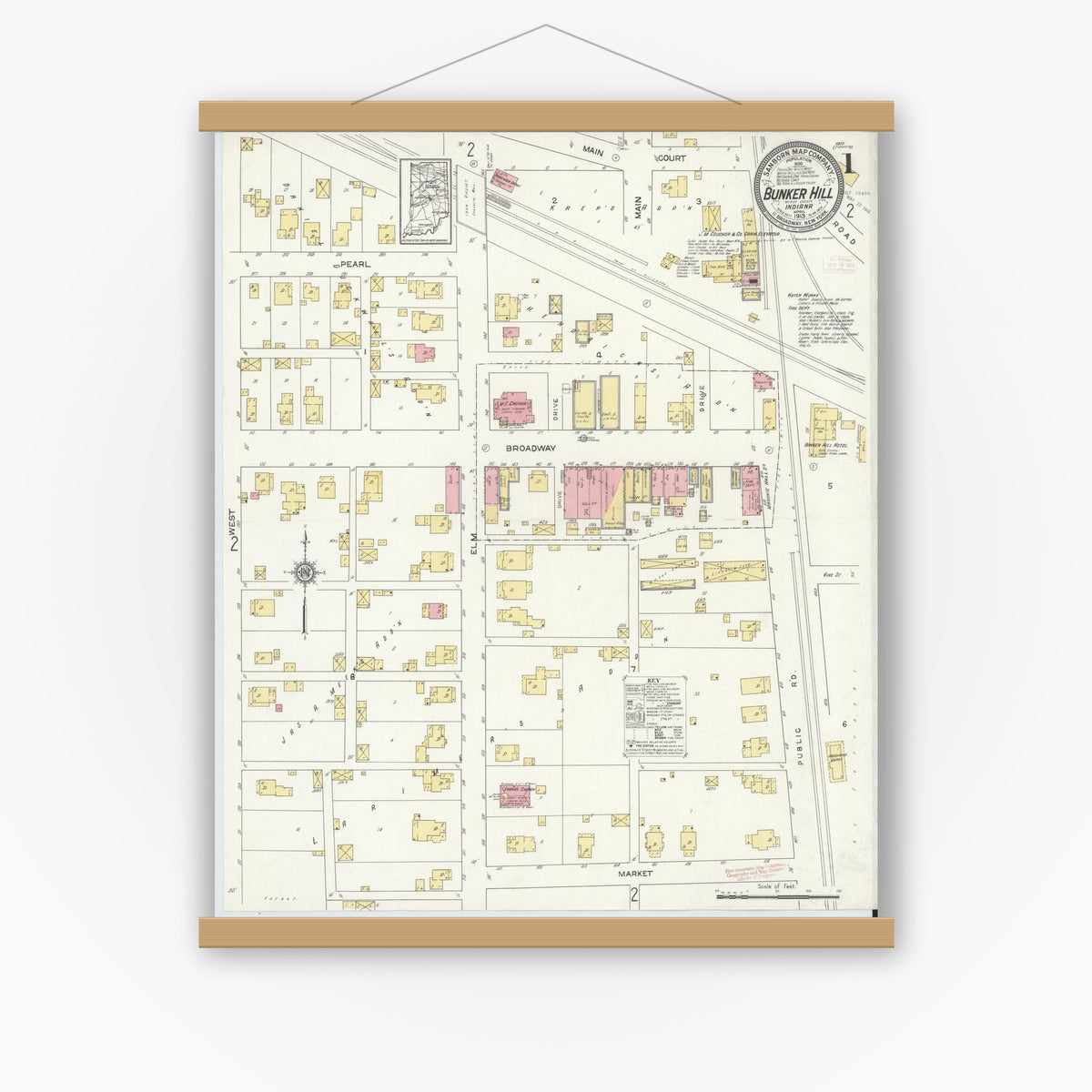 Old map wall art mockup — magnetic wood frame on white wall — Sanborn Fire Insurance Map from Bunker Hill, Miami County, Indiana (1913) - Complete Map Set