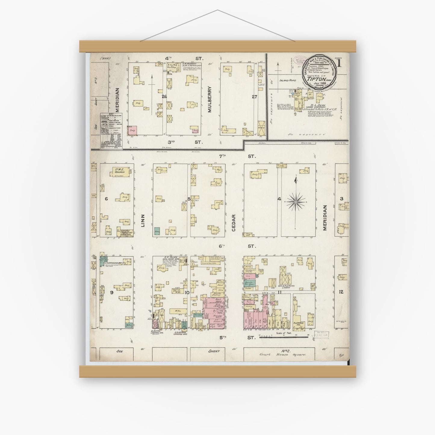 Old map wall art mockup — magnetic wood frame on white wall — Sanborn Fire Insurance Map from Tipton, Cedar County, Iowa (1888), Sheet #0001