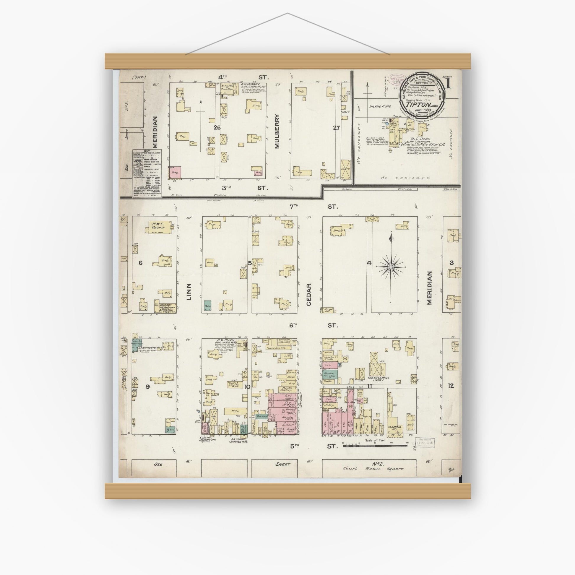 Old map wall art mockup — magnetic wood frame on white wall — Sanborn Fire Insurance Map from Tipton, Cedar County, Iowa (1888), Sheet #0001