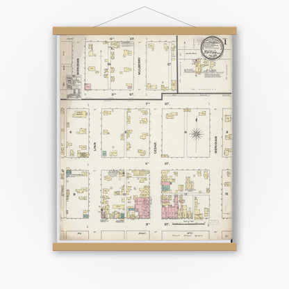 Old map wall art mockup — magnetic wood frame on white wall — Sanborn Fire Insurance Map from Tipton, Cedar County, Iowa (1888), Sheet #0001