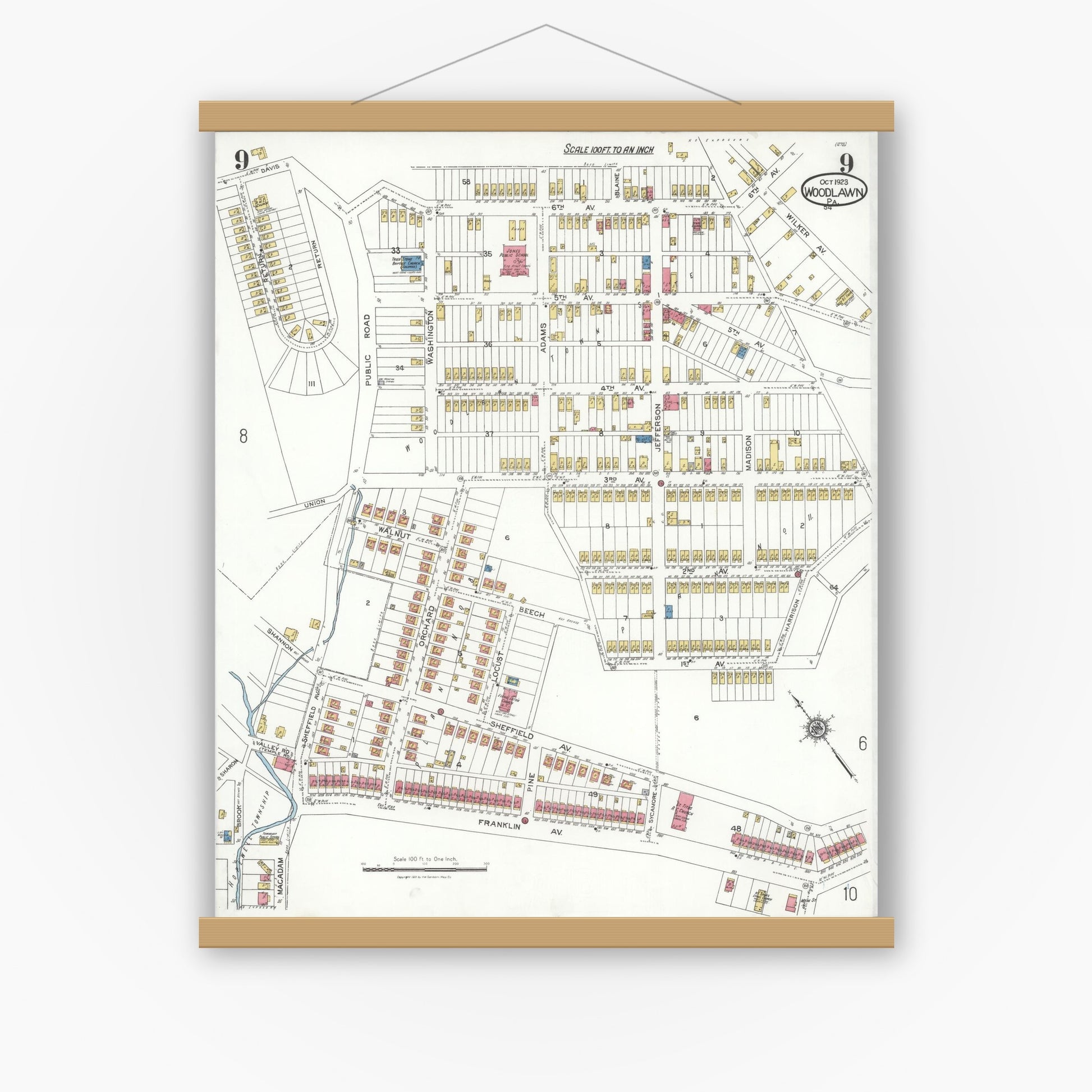 Old map wall art mockup — magnetic wood frame on white wall — Sanborn Fire Insurance Map from Woodlawn, Beaver County, Pennsylvania (1923), Sheet #0009
