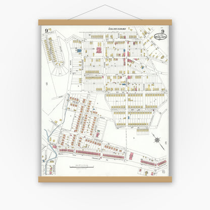 Old map wall art mockup — magnetic wood frame on white wall — Sanborn Fire Insurance Map from Woodlawn, Beaver County, Pennsylvania (1923), Sheet #0009