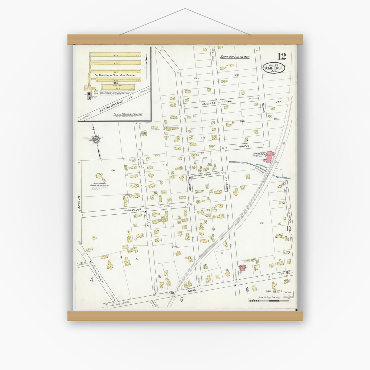 Old map wall art mockup — magnetic wood frame on white wall — Sanborn Fire Insurance Map from Amherst, Hampshire County, Massachusetts (1916), Sheet #0012