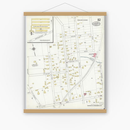Old map wall art mockup — magnetic wood frame on white wall — Sanborn Fire Insurance Map from Amherst, Hampshire County, Massachusetts (1916), Sheet #0012