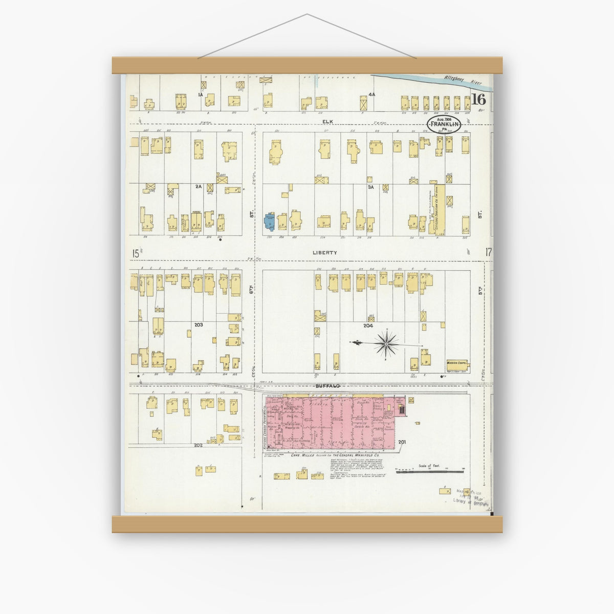 Old map wall art mockup — magnetic wood frame on white wall — Sanborn Fire Insurance Map from Franklin, Venango County, Pennsylvania (1906), Sheet #0016