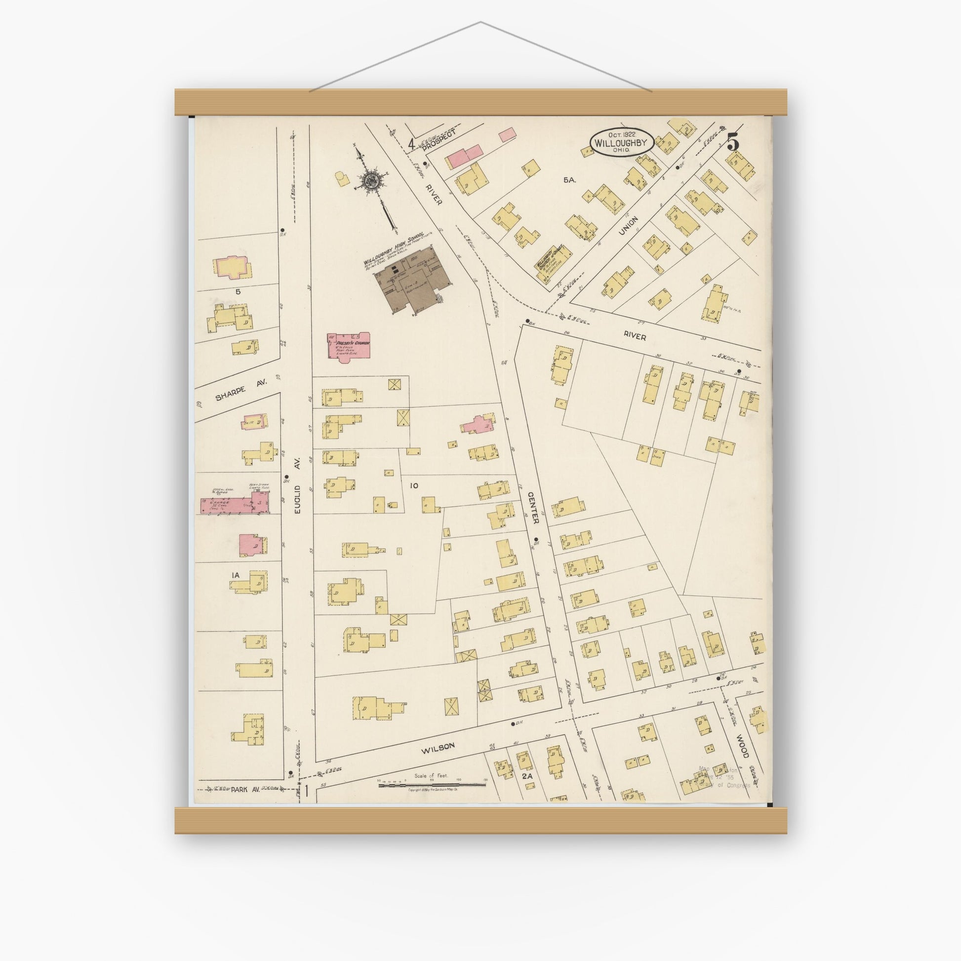 Old map wall art mockup — magnetic wood frame on white wall — Sanborn Fire Insurance Map from Willoughby, Lake County, Ohio (1922), Sheet #0005