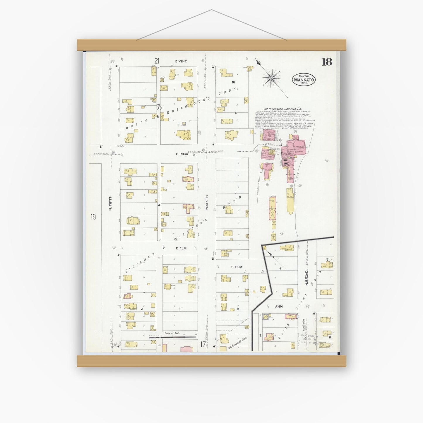 Old map wall art mockup — magnetic wood frame on white wall — Sanborn Fire Insurance Map from Mankato, Blue Earth County, Minnesota (1908), Sheet #0018