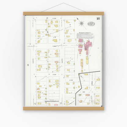 Old map wall art mockup — magnetic wood frame on white wall — Sanborn Fire Insurance Map from Mankato, Blue Earth County, Minnesota (1908), Sheet #0018