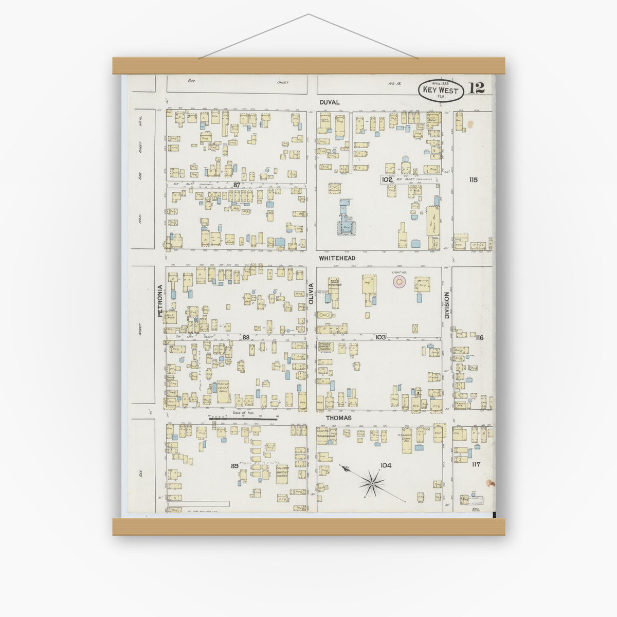 Old map wall art mockup — magnetic wood frame on white wall — Sanborn Fire Insurance Map from Key West, Monroe County, Florida (1889), Sheet #0012