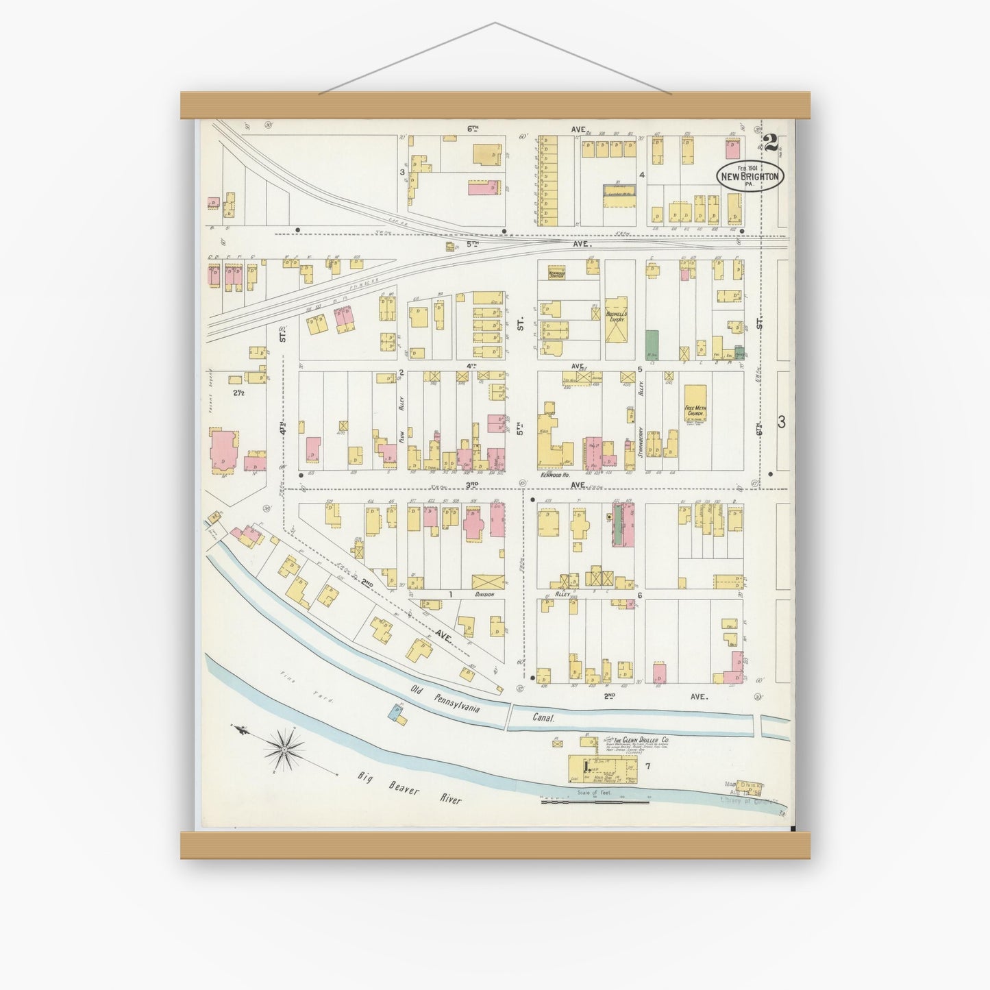 Old map wall art mockup — magnetic wood frame on white wall — Sanborn Fire Insurance Map from New Brighton, Beaver County, Pennsylvania (1901), Sheet #0002