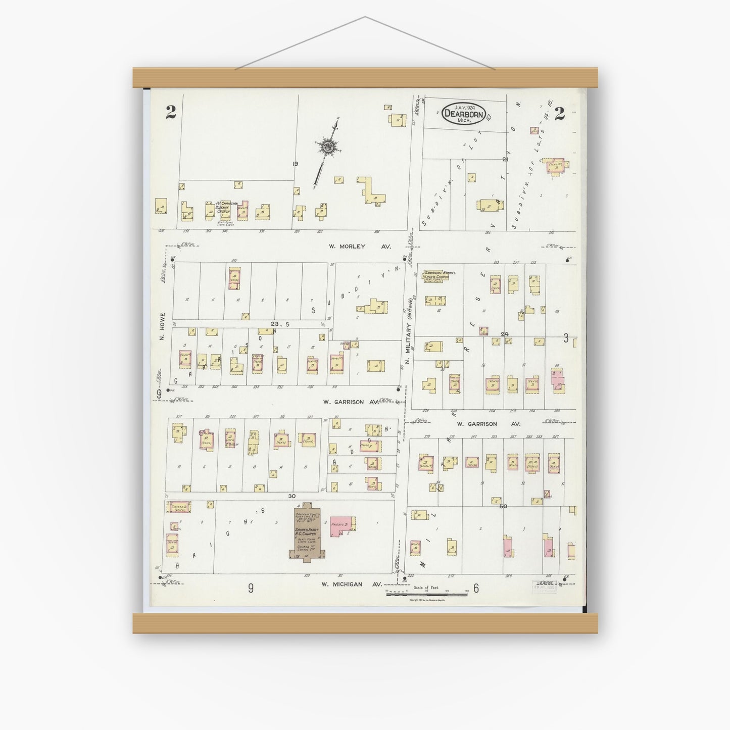 Old map wall art mockup — magnetic wood frame on white wall — Sanborn Fire Insurance Map from Dearborn, Wayne County, Michigan (1924), Sheet #0002