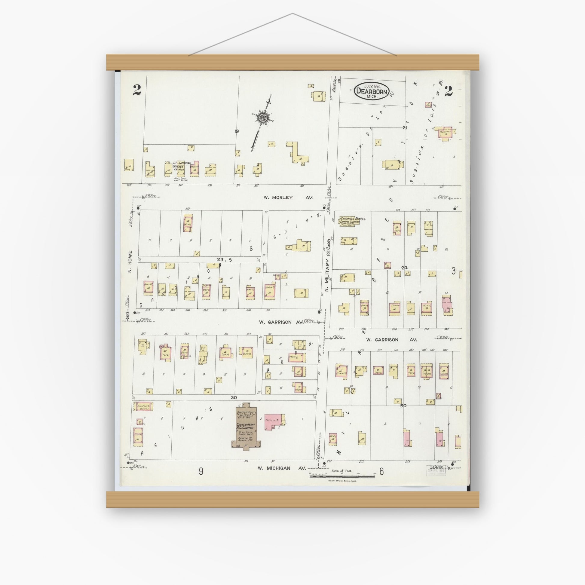 Old map wall art mockup — magnetic wood frame on white wall — Sanborn Fire Insurance Map from Dearborn, Wayne County, Michigan (1924), Sheet #0002