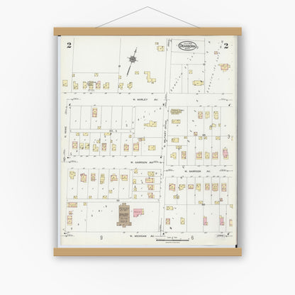Old map wall art mockup — magnetic wood frame on white wall — Sanborn Fire Insurance Map from Dearborn, Wayne County, Michigan (1924), Sheet #0002