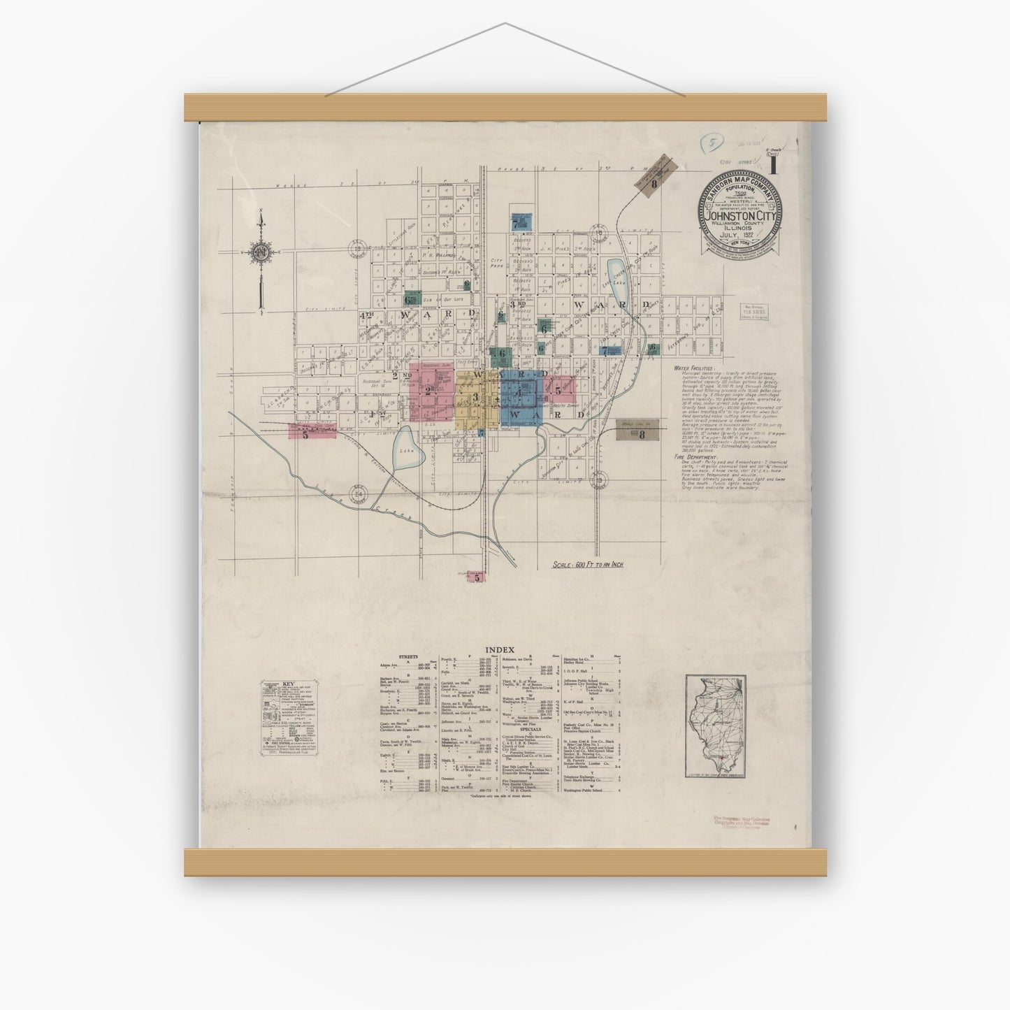 Old map wall art mockup — magnetic wood frame on white wall — Sanborn Fire Insurance Map from Johnston City, Williamson County, Illinois (1922), Sheet #0001