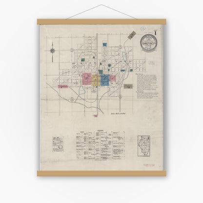 Old map wall art mockup — magnetic wood frame on white wall — Sanborn Fire Insurance Map from Johnston City, Williamson County, Illinois (1922), Sheet #0001