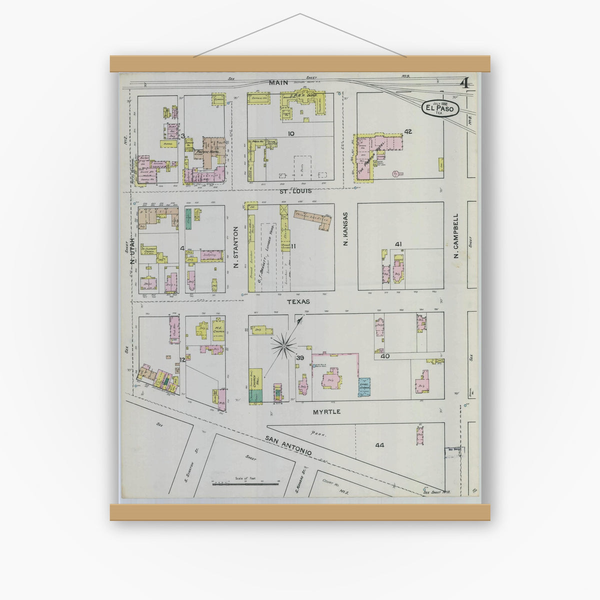 Old map wall art mockup — magnetic wood frame on white wall — Sanborn Fire Insurance Map from El Paso, El Paso County, Texas (1888), Sheet #0004