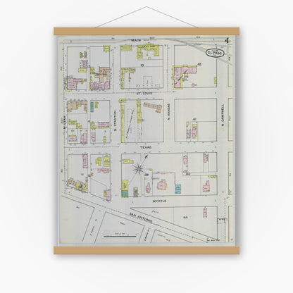 Old map wall art mockup — magnetic wood frame on white wall — Sanborn Fire Insurance Map from El Paso, El Paso County, Texas (1888), Sheet #0004