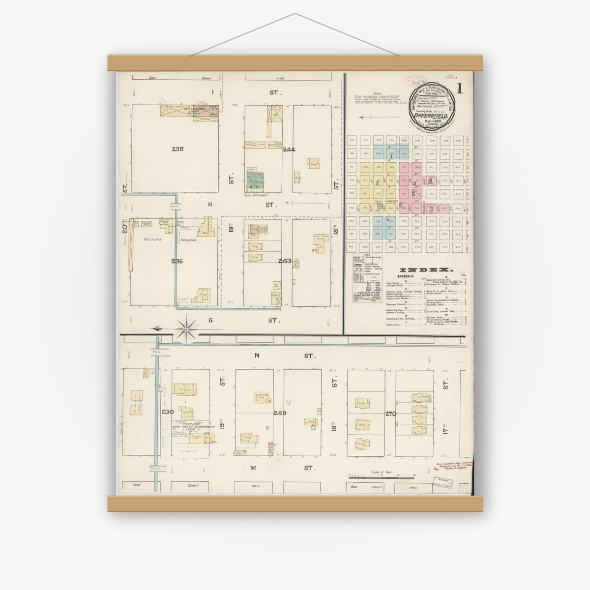 Old map wall art mockup — magnetic wood frame on white wall — Sanborn Fire Insurance Map from Bakersfield, Kern County, California (1889), Sheet #0001