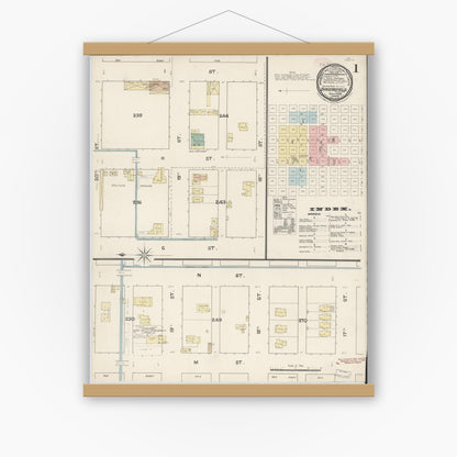 Old map wall art mockup — magnetic wood frame on white wall — Sanborn Fire Insurance Map from Bakersfield, Kern County, California (1889), Sheet #0001