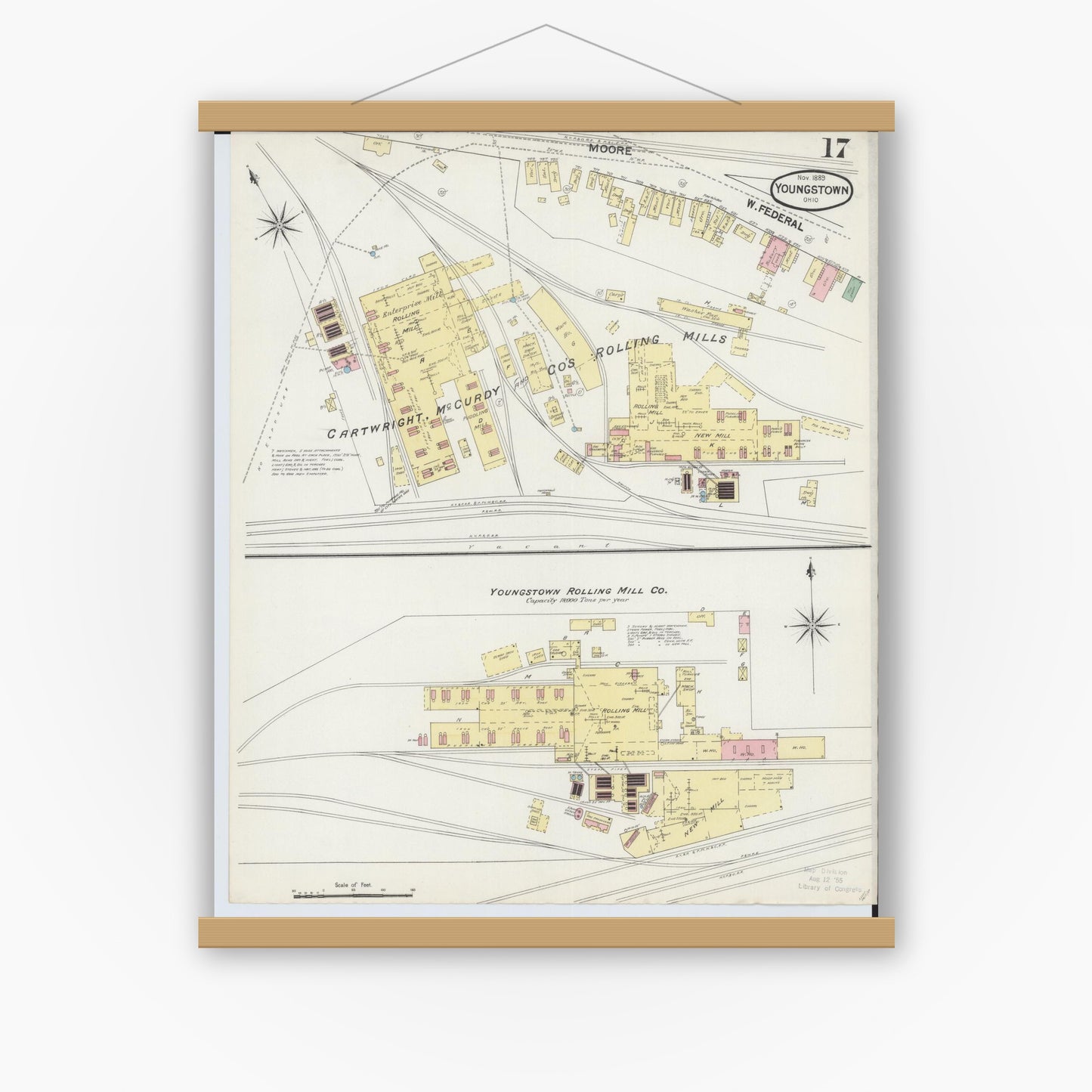 Old map wall art mockup — magnetic wood frame on white wall — Sanborn Fire Insurance Map from Youngstown, Mahoning County, Ohio (1889), Sheet #0017