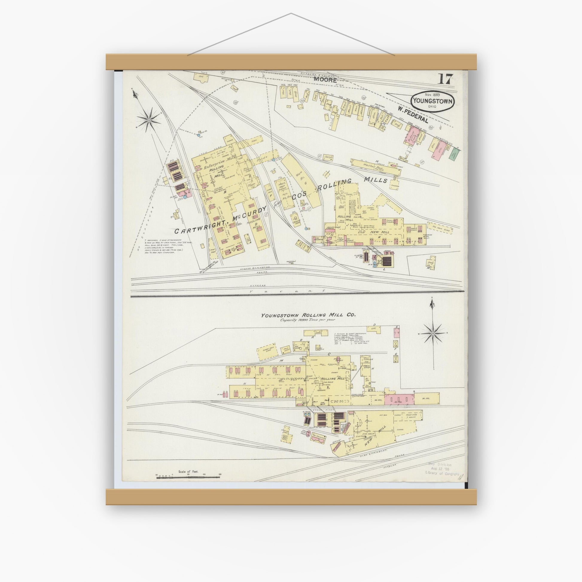 Old map wall art mockup — magnetic wood frame on white wall — Sanborn Fire Insurance Map from Youngstown, Mahoning County, Ohio (1889), Sheet #0017