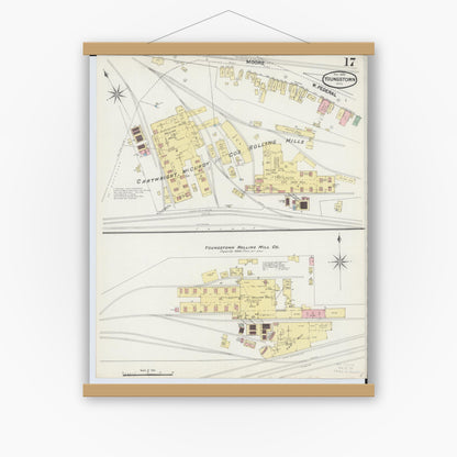 Old map wall art mockup — magnetic wood frame on white wall — Sanborn Fire Insurance Map from Youngstown, Mahoning County, Ohio (1889), Sheet #0017