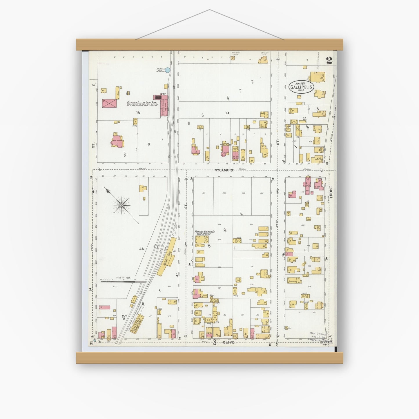 Old map wall art mockup — magnetic wood frame on white wall — Sanborn Fire Insurance Map from Gallipolis, Gallia County, Ohio (1900), Sheet #0002