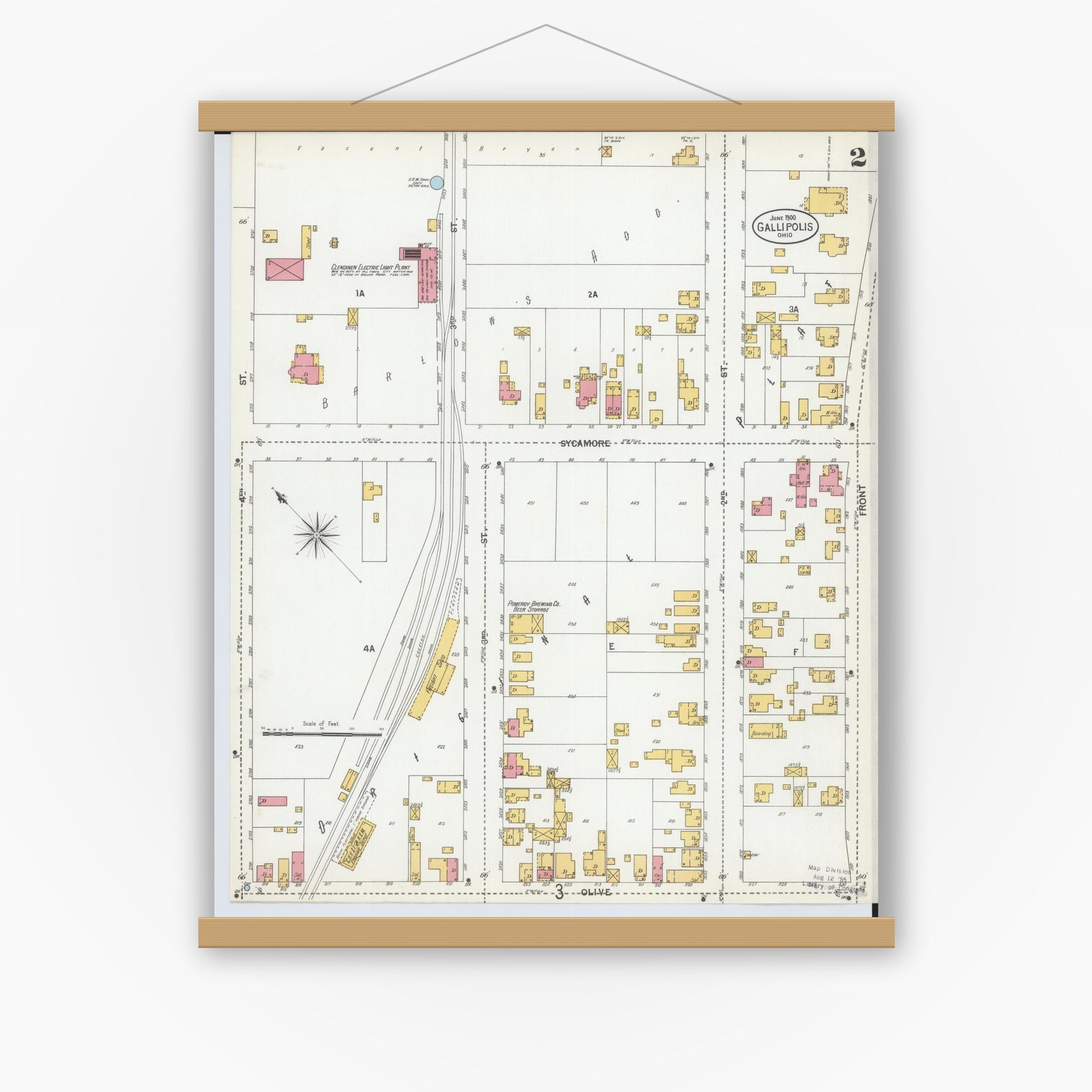 Old map wall art mockup — magnetic wood frame on white wall — Sanborn Fire Insurance Map from Gallipolis, Gallia County, Ohio (1900), Sheet #0002