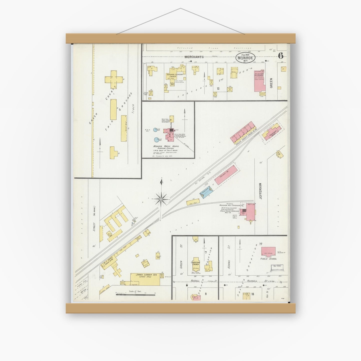 Old map wall art mockup — magnetic wood frame on white wall — Sanborn Fire Insurance Map from Monroe, Green County, Wisconsin (1900), Sheet #0006