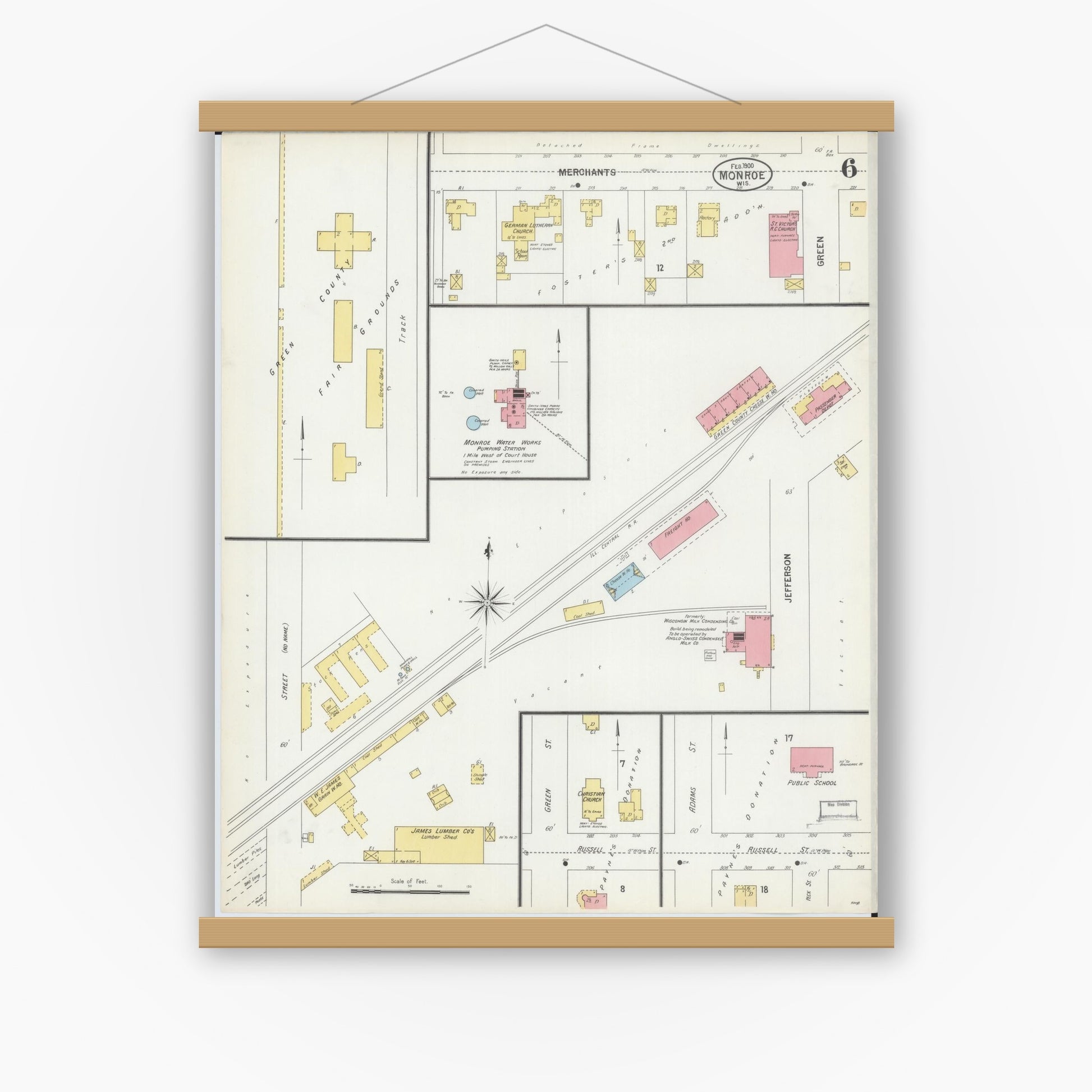 Old map wall art mockup — magnetic wood frame on white wall — Sanborn Fire Insurance Map from Monroe, Green County, Wisconsin (1900), Sheet #0006