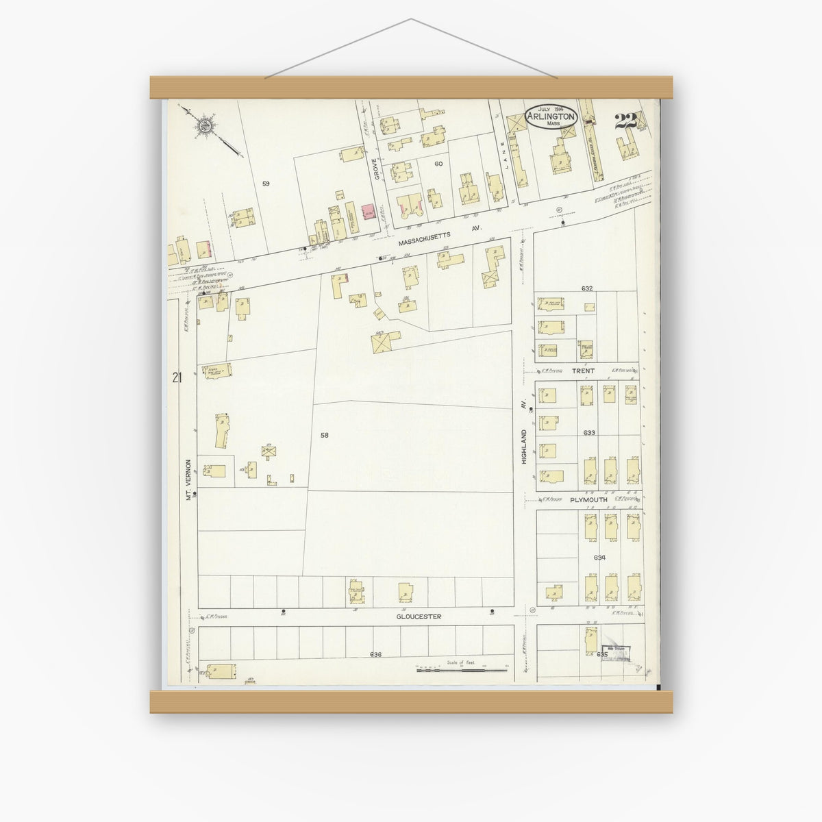 Old map wall art mockup — magnetic wood frame on white wall — Sanborn Fire Insurance Map from Arlington, Middlesex County, Massachusetts (1914), Sheet #0022