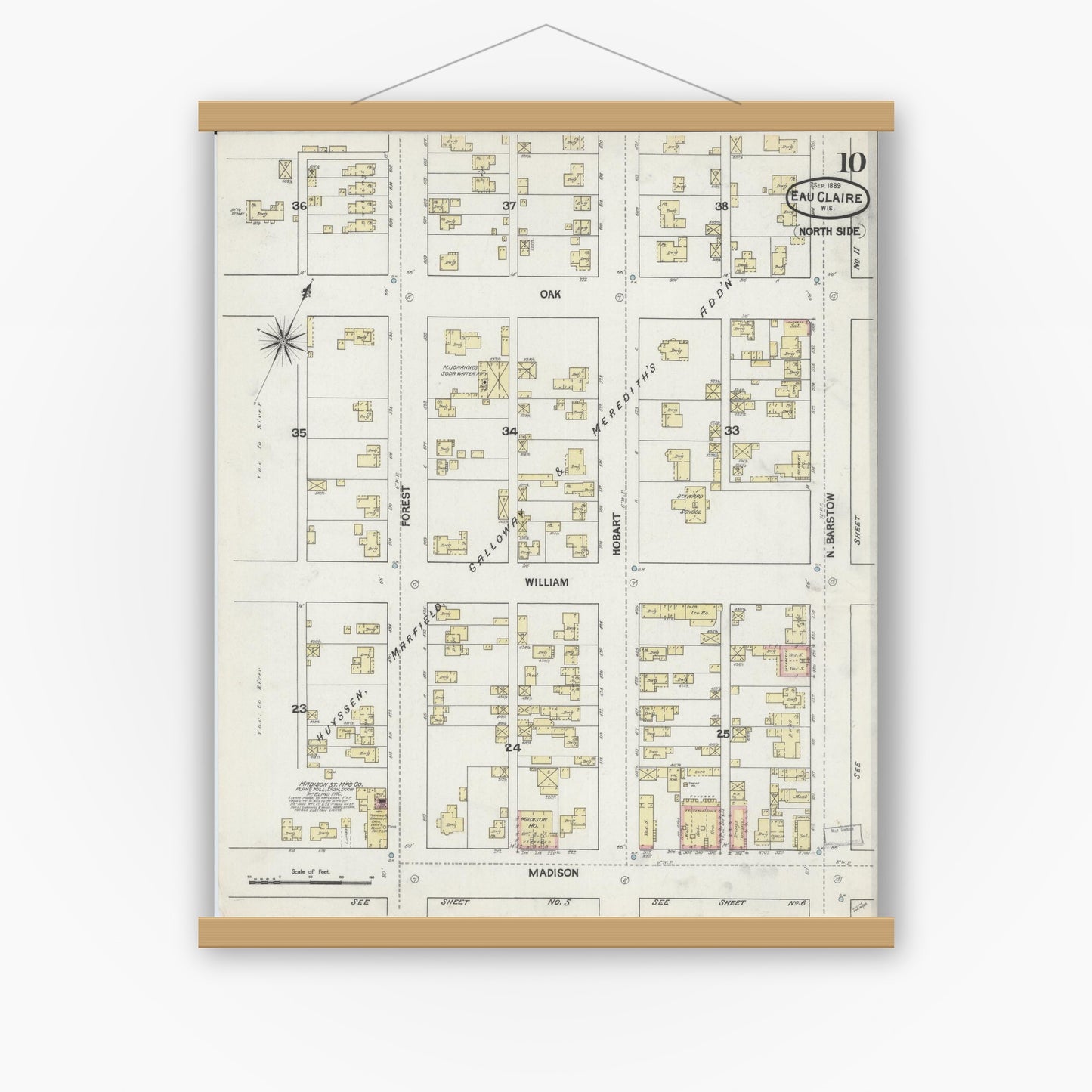 Old map wall art mockup — magnetic wood frame on white wall — Sanborn Fire Insurance Map from Eau Claire, Eau Claire County, Wisconsin (1889), Sheet #0010