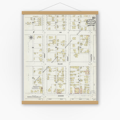 Old map wall art mockup — magnetic wood frame on white wall — Sanborn Fire Insurance Map from Eau Claire, Eau Claire County, Wisconsin (1889), Sheet #0010