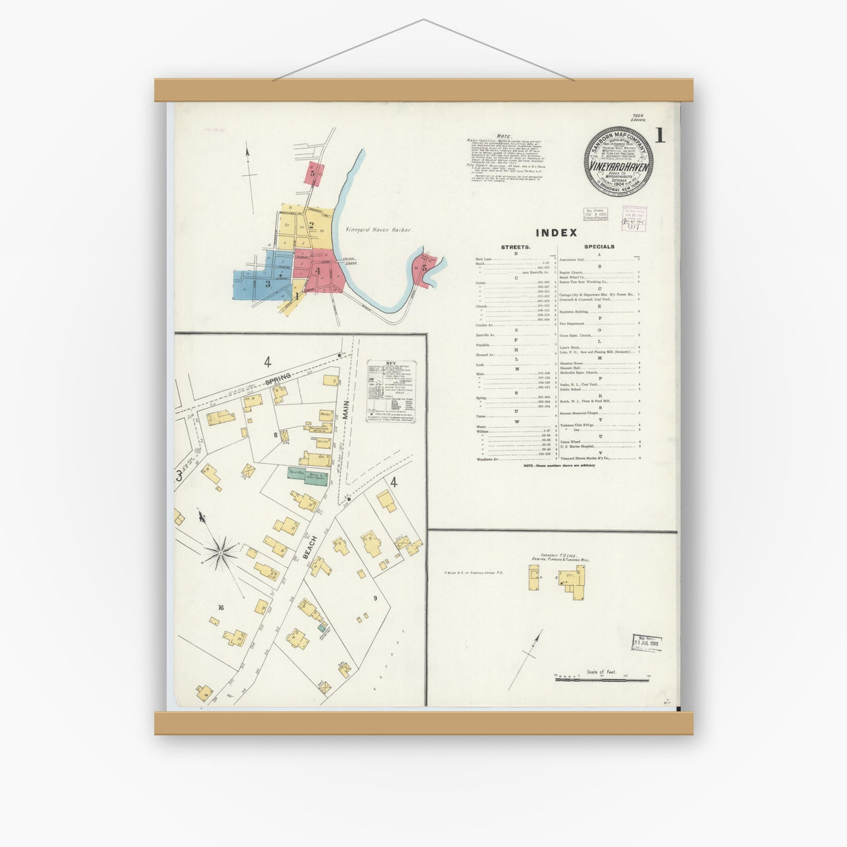 Old map wall art mockup — magnetic wood frame on white wall — Sanborn Fire Insurance Map from Vineyard Haven, Dukes County, Massachusetts (1904), Sheet #0001