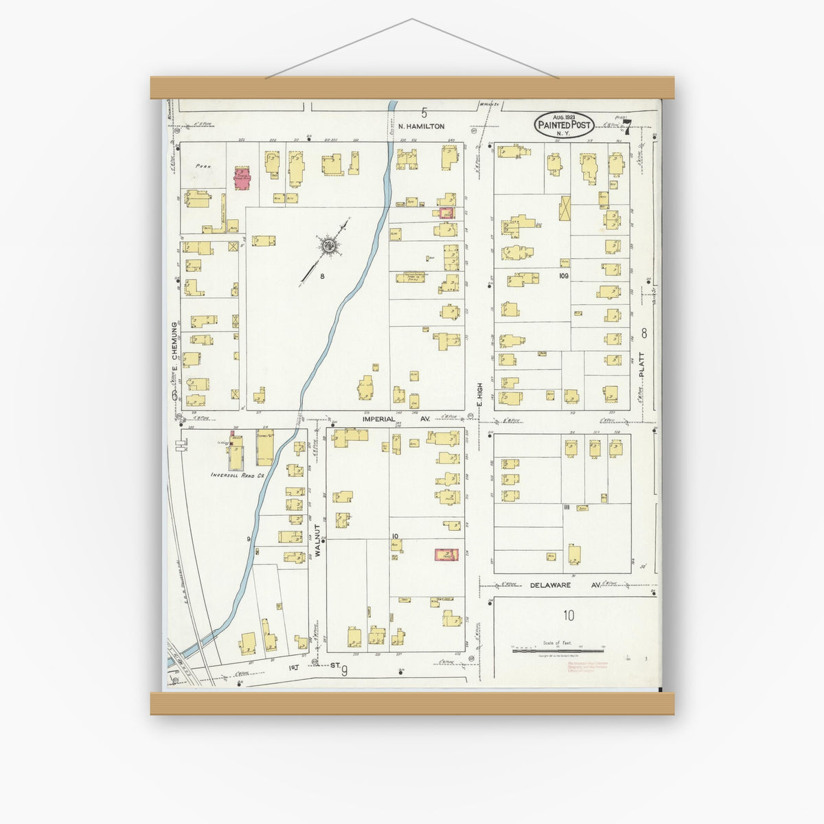 Old map wall art mockup — magnetic wood frame on white wall — Sanborn Fire Insurance Map from Painted Post, Steuben County, New York (1921), Sheet #0007