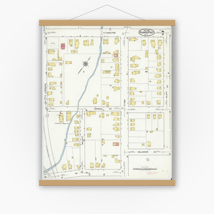 Old map wall art mockup — magnetic wood frame on white wall — Sanborn Fire Insurance Map from Painted Post, Steuben County, New York (1921), Sheet #0007