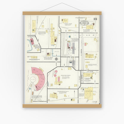 Old map wall art mockup — magnetic wood frame on white wall — Sanborn Fire Insurance Map from Bloomington, Monroe County, Indiana (1913), Sheet #0023
