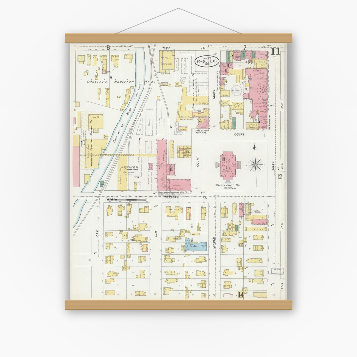 Old map wall art mockup — magnetic wood frame on white wall — Sanborn Fire Insurance Map from Fond du Lac, Fond du Lac County, Wisconsin (1898), Sheet #0011