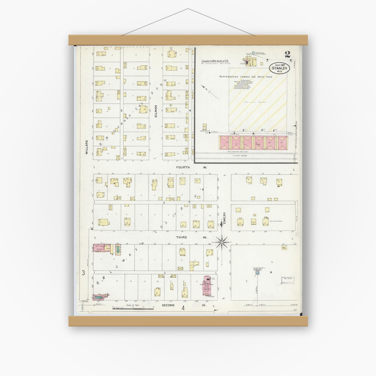 Old map wall art mockup — magnetic wood frame on white wall — Sanborn Fire Insurance Map from Stanley, Chippewa County, Wisconsin (1907), Sheet #0002