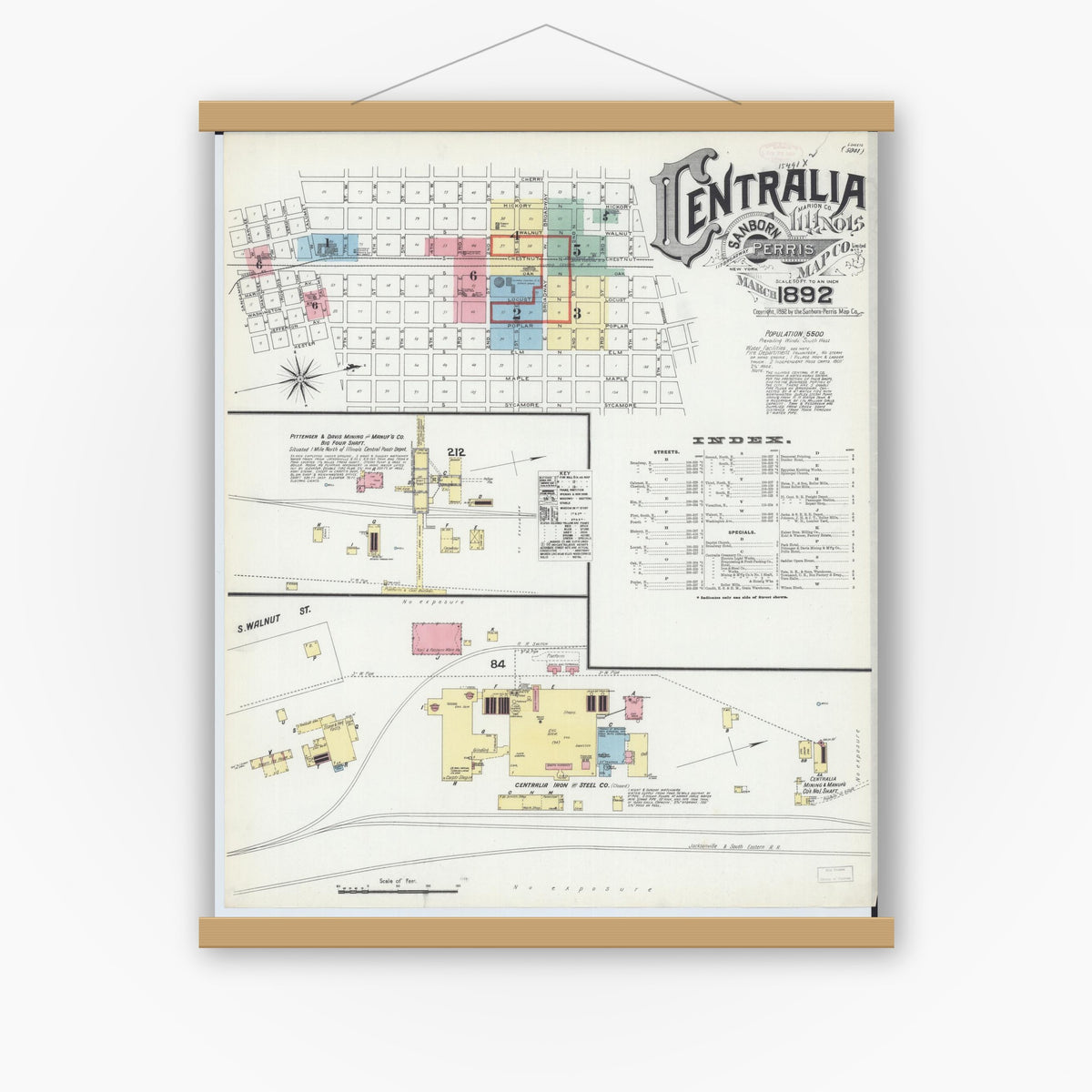Old map wall art mockup — magnetic wood frame on white wall — Sanborn Fire Insurance Map from Centralia, Marion, Clinton, Jefferson, and Washington Counties, Illinois (1892), Sheet #0001