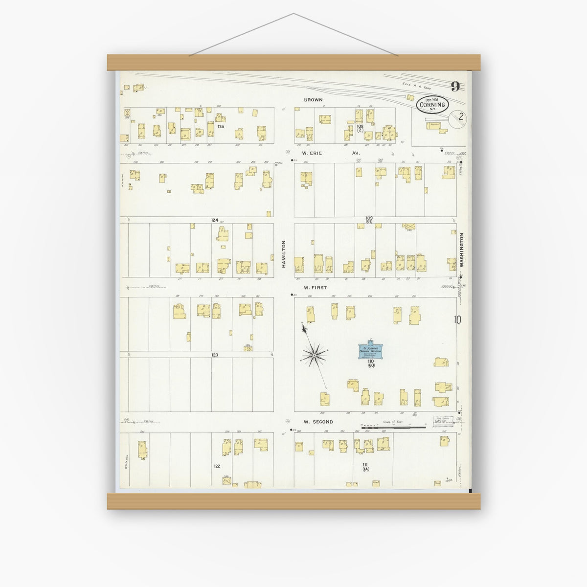 Old map wall art mockup — magnetic wood frame on white wall — Sanborn Fire Insurance Map from Corning, Steuben County, New York (1908), Sheet #0009