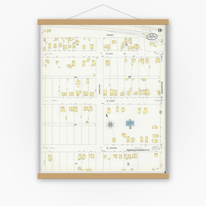 Old map wall art mockup — magnetic wood frame on white wall — Sanborn Fire Insurance Map from Corning, Steuben County, New York (1908), Sheet #0009