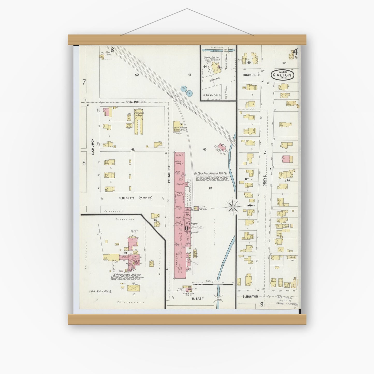 Old map wall art mockup — magnetic wood frame on white wall — Sanborn Fire Insurance Map from Galion, Crawford County, Ohio (1897), Sheet #0004
