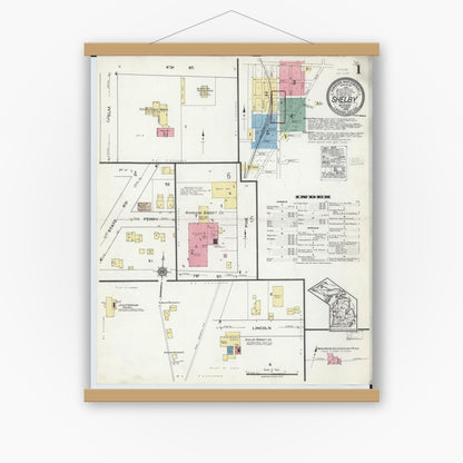 Old map wall art mockup — magnetic wood frame on white wall — Sanborn Fire Insurance Map from Shelby, Oceana County, Michigan (1920) - Complete Map Set