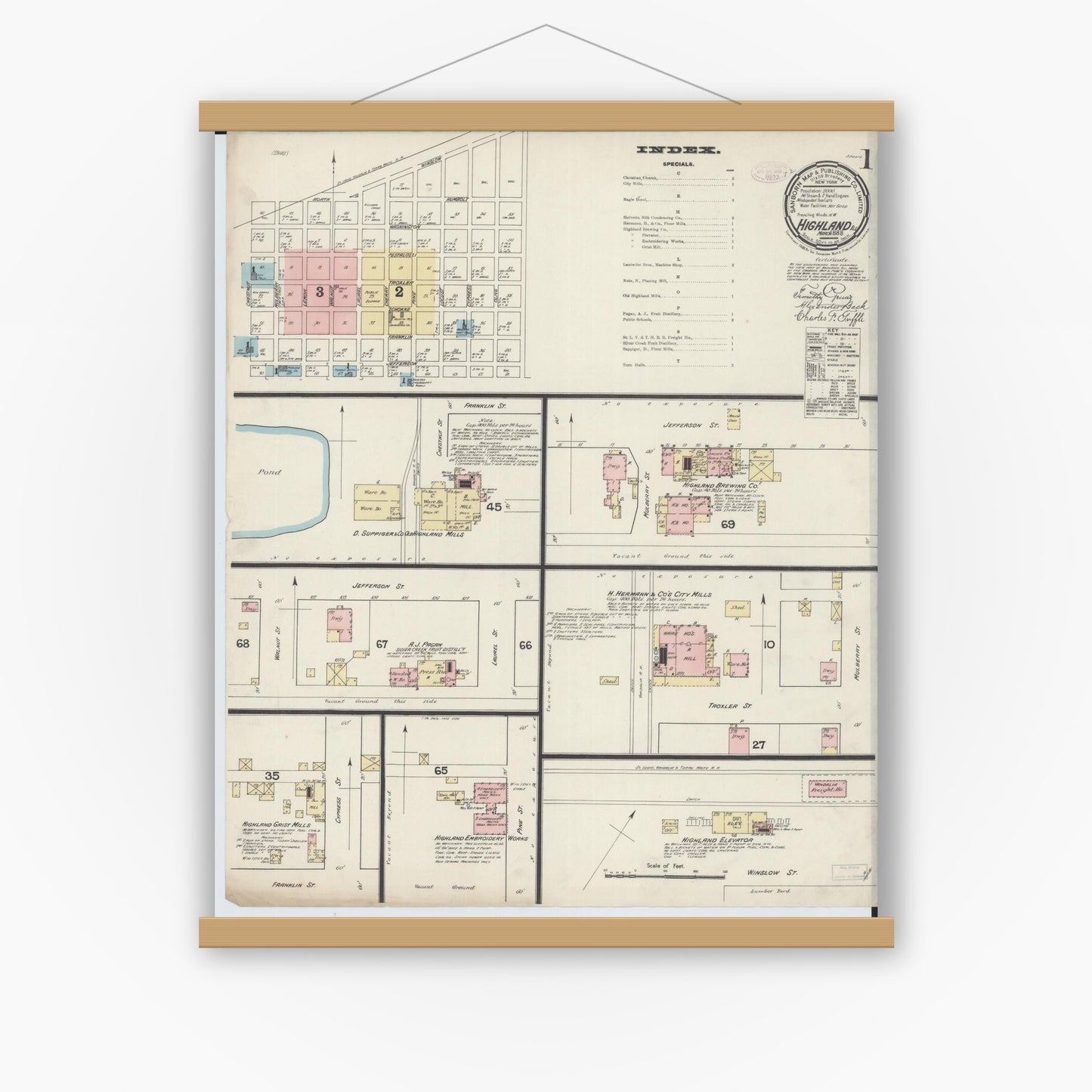 Old map wall art mockup — magnetic wood frame on white wall — Sanborn Fire Insurance Map from Highland, Madison County, Illinois (1888), Sheet #0001