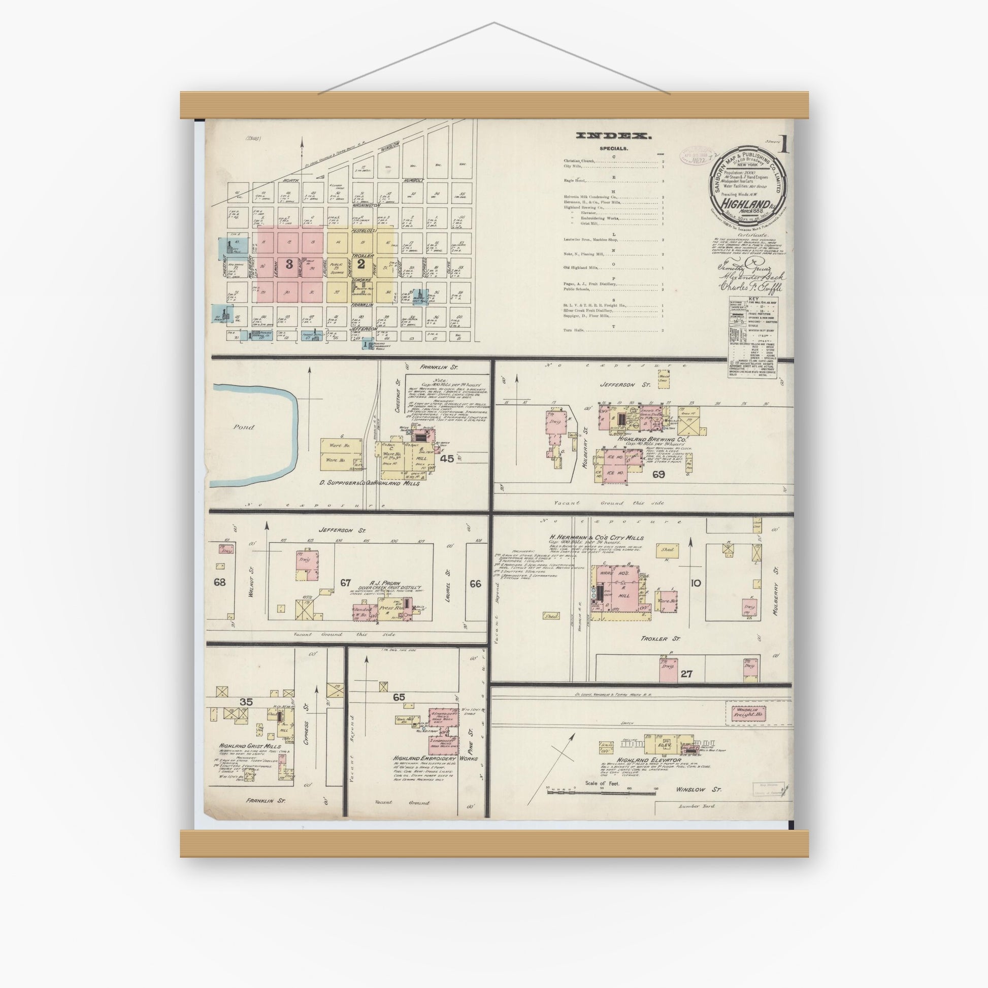 Old map wall art mockup — magnetic wood frame on white wall — Sanborn Fire Insurance Map from Highland, Madison County, Illinois (1888), Sheet #0001