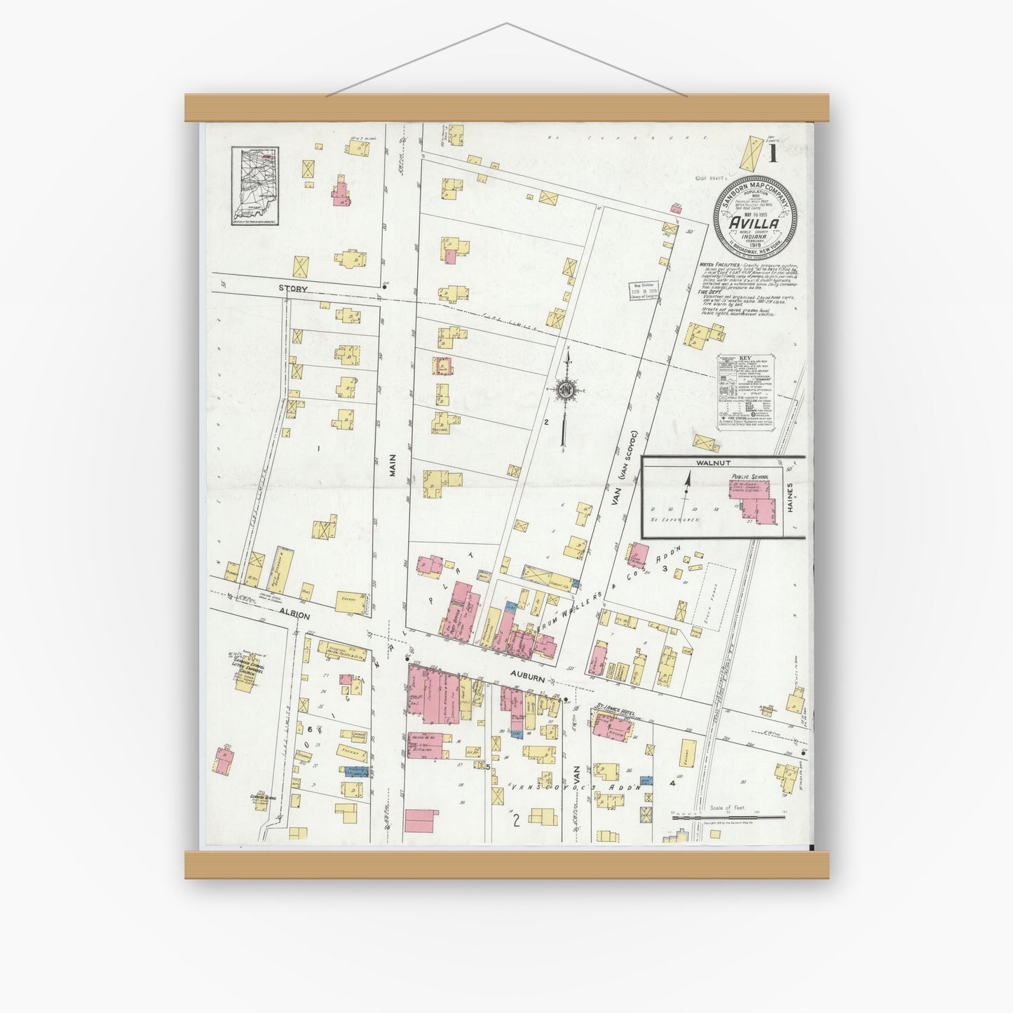 Old map wall art mockup — magnetic wood frame on white wall — Sanborn Fire Insurance Map from Avilla, Noble County, Indiana (1919), Sheet #0001