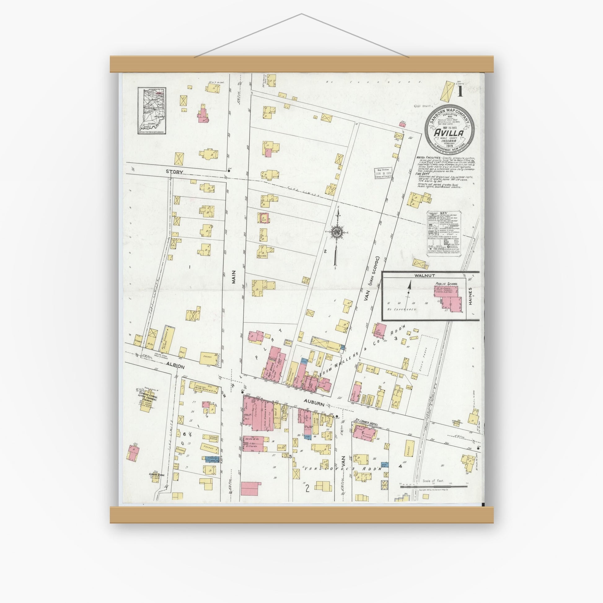 Old map wall art mockup — magnetic wood frame on white wall — Sanborn Fire Insurance Map from Avilla, Noble County, Indiana (1919), Sheet #0001