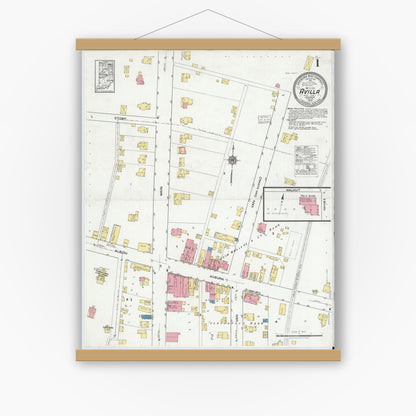 Old map wall art mockup — magnetic wood frame on white wall — Sanborn Fire Insurance Map from Avilla, Noble County, Indiana (1919), Sheet #0001