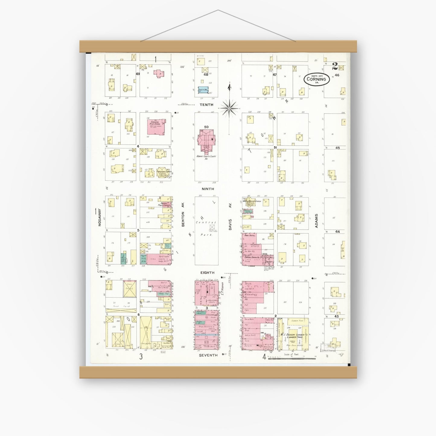 Old map wall art mockup — magnetic wood frame on white wall — Sanborn Fire Insurance Map from Corning, Adams County, Iowa (1907), Sheet #0002